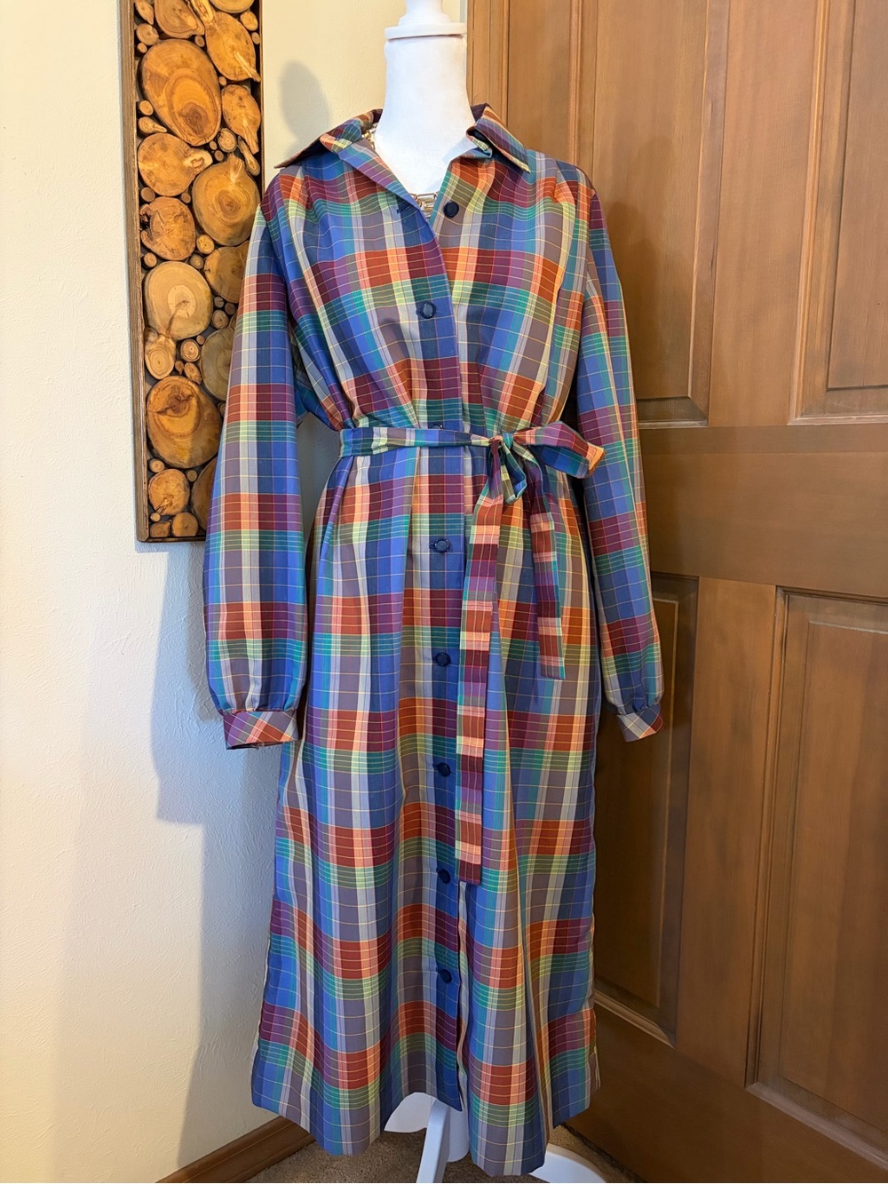 Classic Vintage Plaid Shirt Dress with Tie Waist Multicolor